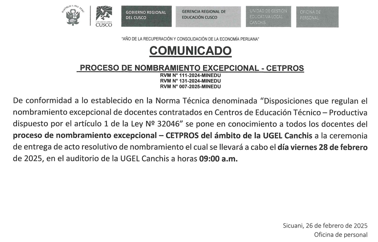 Comunicado UGEL Canchis- Proceso de nombramiento excepcional de CETPROS